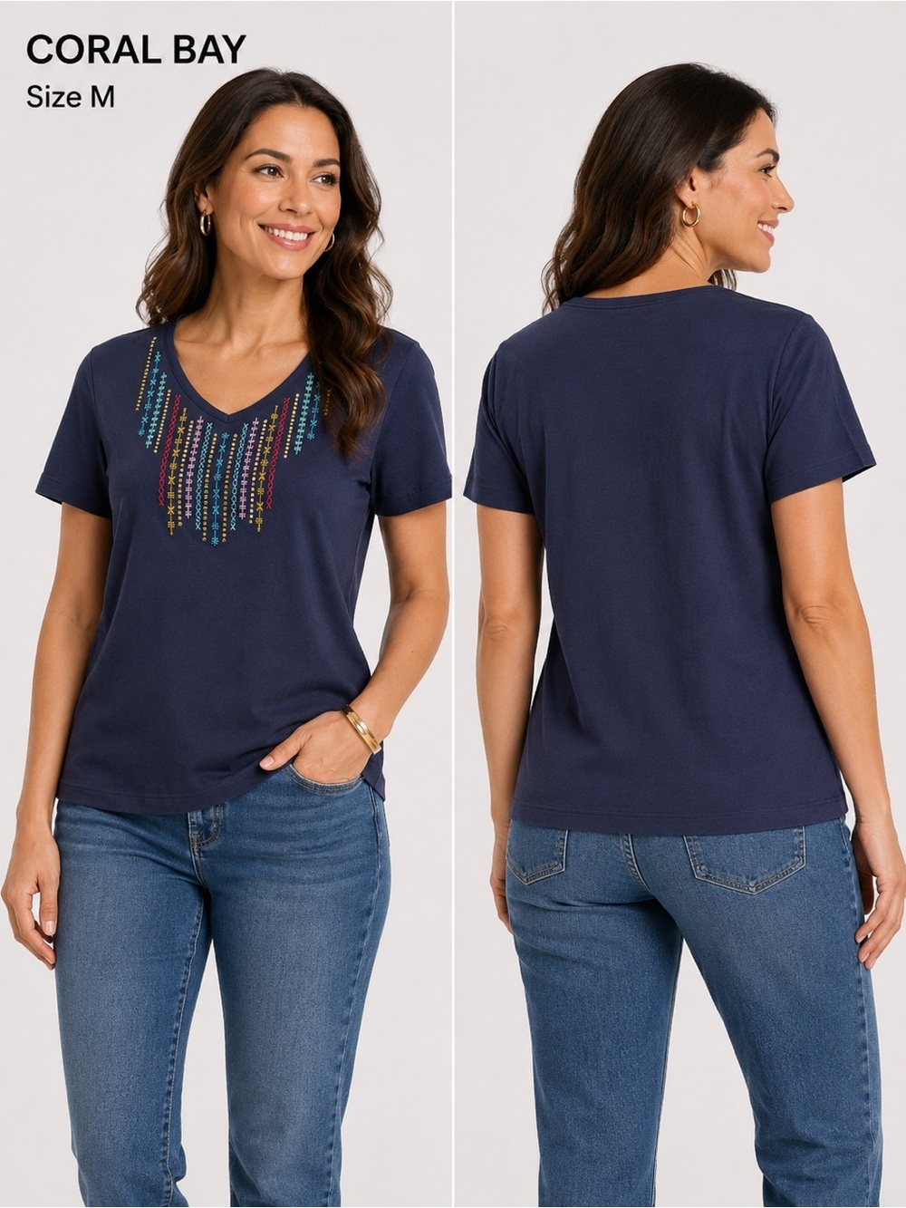Coral Bay Navy Embroidered V-Neck Top Size M Casual Short Sleeve cotton Tee
